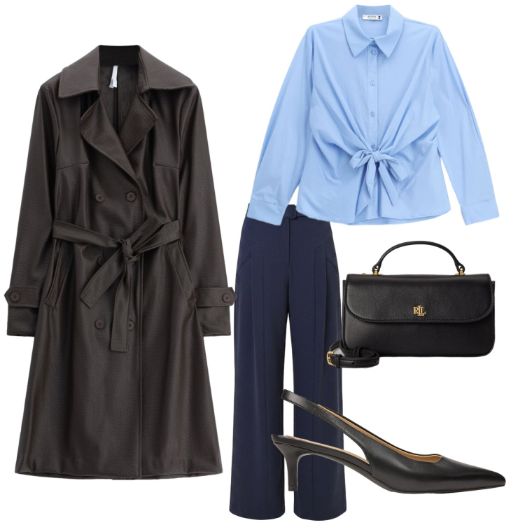 Outfit donna - A volte ritornano….. Stile Bon Ton per Ufficio. Abbinamento con trench, décolleté, portafogli, camicie, pantaloni a palazzo.