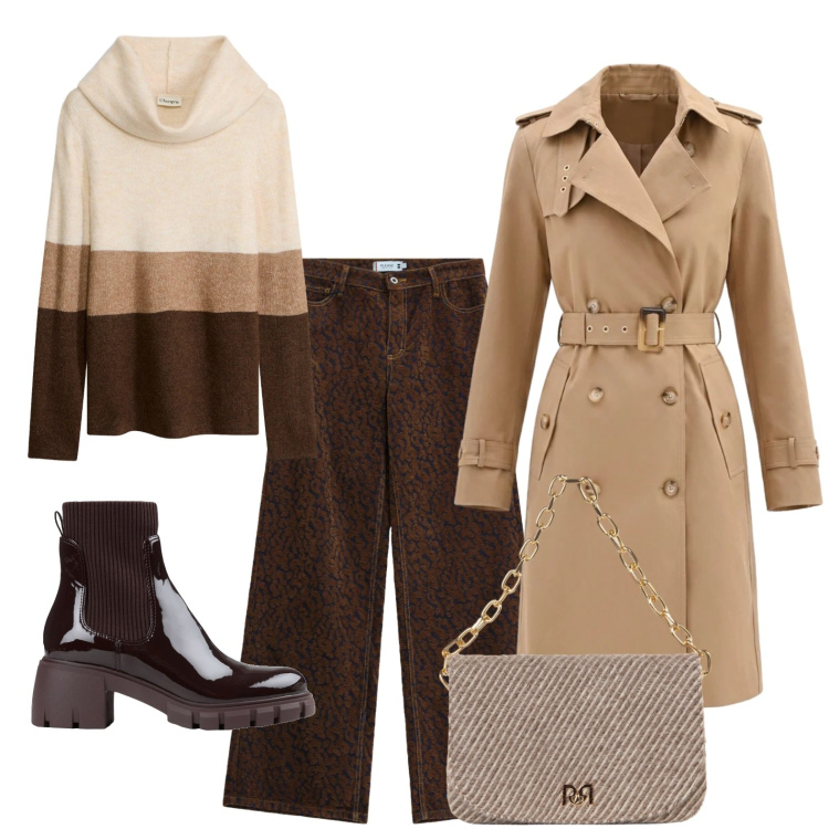 Outfit donna - Il mio outfit per una giornata piovosa. Stile Basic per Ufficio. Abbinamento con pantaloni a palazzo, borse a spalla, trench, stivaletti, pullovers.
