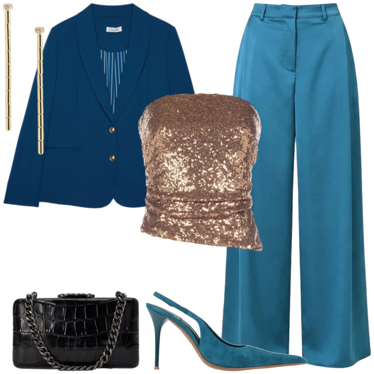 Outfit donna - Aperitivo d'arte!. Stile Chic per Serata fuori. Abbinamento con blazer, orecchini, clutch, pantaloni a palazzo, top, décolleté.