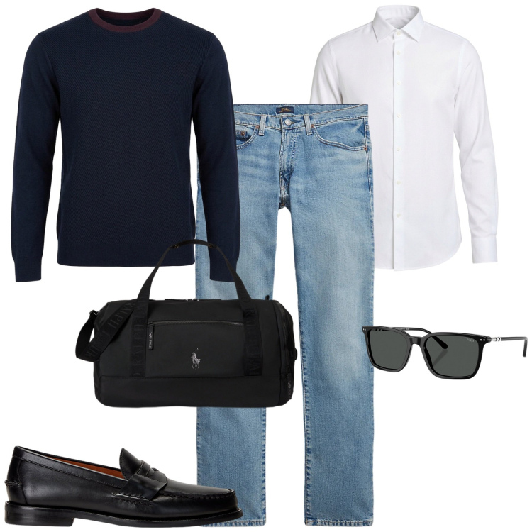 Outfit uomo - Simple but chic. Stile Urban per Tutti i giorni. Abbinamento con camicie, maglieria, scarpe stringate, occhiali da sole, jeans, borse sportive.