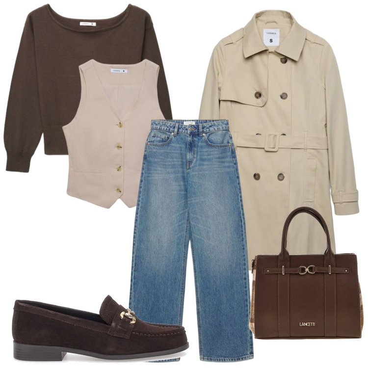 Outfit donna - Trench grande classico. Stile Casual chic per Tutti i giorni. Abbinamento con gilet, trench, maglieria, jeans, mocassini, borse a tracolla.
