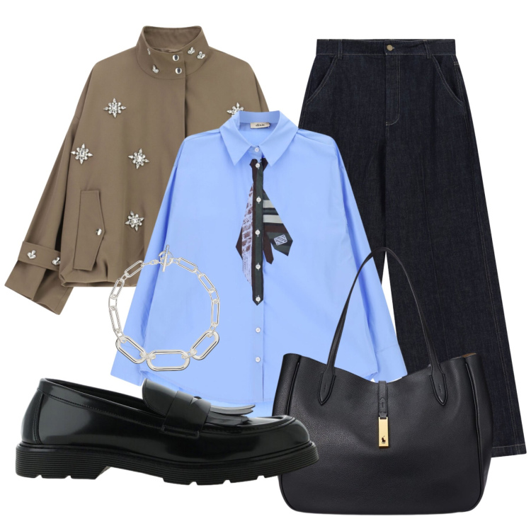 Outfit donna - Trench oversize Corto. Stile Glamour per Tutti i giorni. Abbinamento con borse tote, collane, camicie, pantaloni a palazzo, bomber, mocassini.
