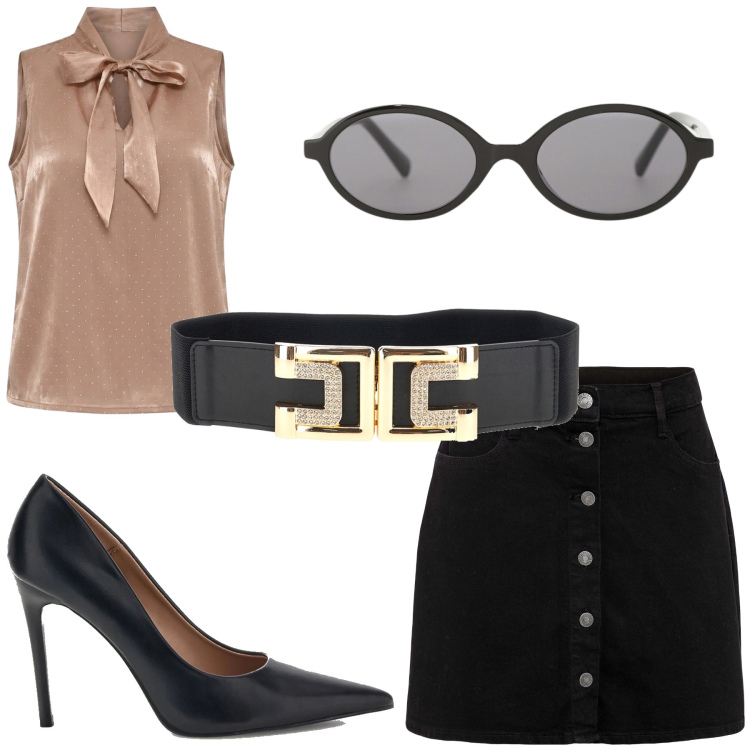 Outfit donna - Cheap upper side. Stile Chic per Ufficio. Abbinamento con occhiali da sole, top, gonne, cinture, décolleté.