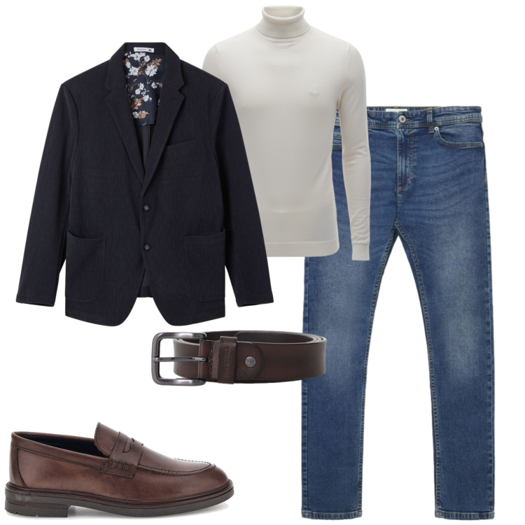 Outfit uomo - Aperitivo. Stile Urban per Tutti i giorni. Abbinamento con cinture, giacche, jeans skinny, scarpe stringate, pullovers.
