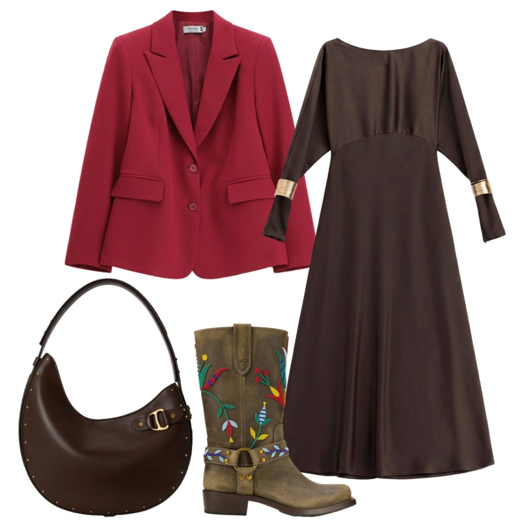 Outfit donna - Al lavoro con i texani ricamati. Stile Casual chic per Ufficio. Abbinamento con vestiti lunghi, borse a spalla, stivali, blazer.