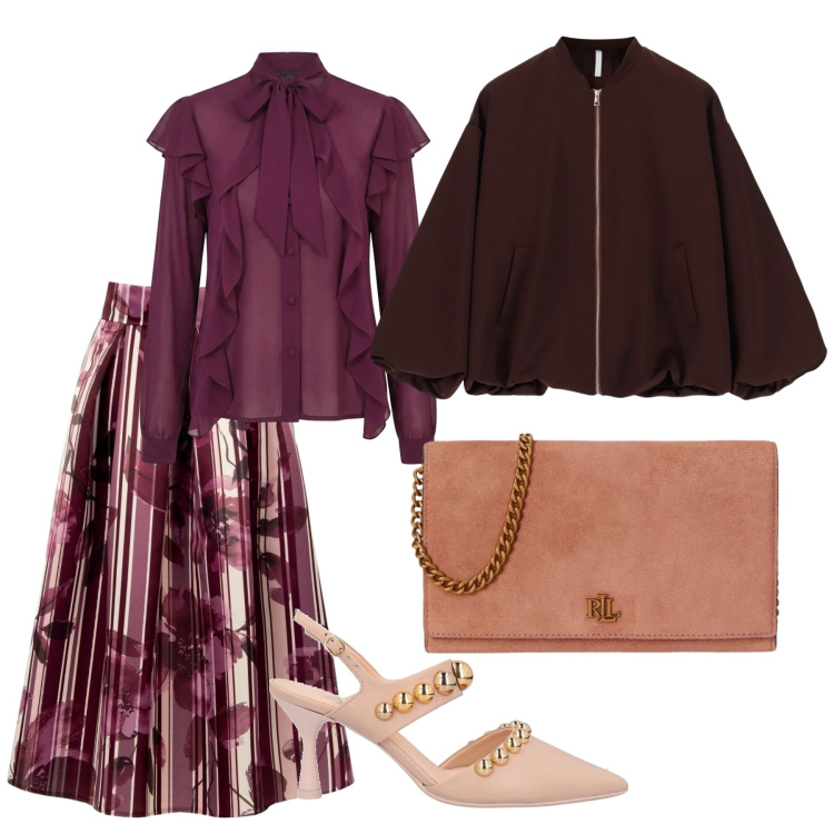 Outfit donna - Sapore di caldarroste. Stile Chic per Ufficio. Abbinamento con bomber, borse a tracolla, gonne longuette, bluse, décolleté.