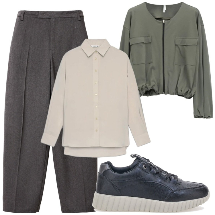 Outfit donna - City. Stile Chic per Tutti i giorni. Abbinamento con bomber, pantaloni, camicie, sneakers.