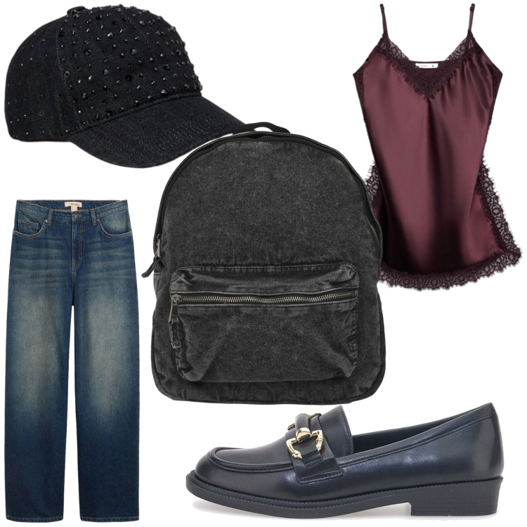 Outfit donna - Con zaino. Stile Casual per Tutti i giorni. Abbinamento con jeans, zaini, top, cappelli con visiera, mocassini.