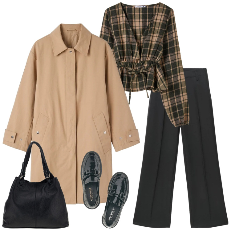 Outfit donna - Trench..grande classico. Stile Casual chic per Tutti i giorni. Abbinamento con camicie, pantaloni a palazzo, trench, borse a spalla, mocassini.