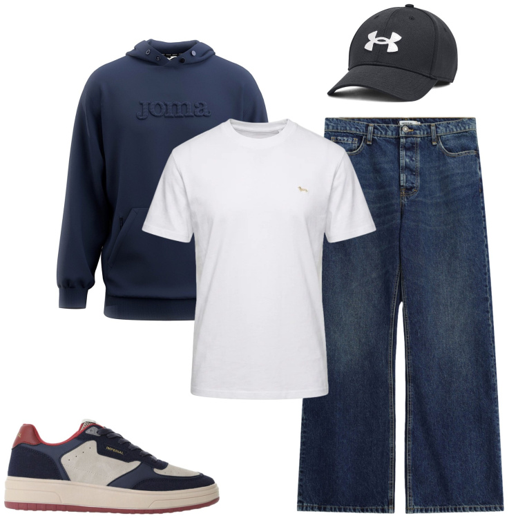 Outfit uomo - Total look #2488168. Stile Urban per Tutti i giorni. Abbinamento con t-shirt, jeans, sneakers, cappelli, felpe con cappuccio.
