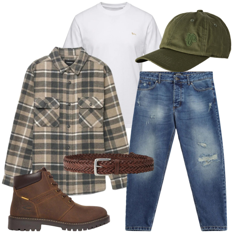 Outfit uomo - Total look #2488173. Stile Urban per Tutti i giorni. Abbinamento con t-shirt, cappelli con visiera, jeans strappati, cinture, camicie, stivali e stivaletti.