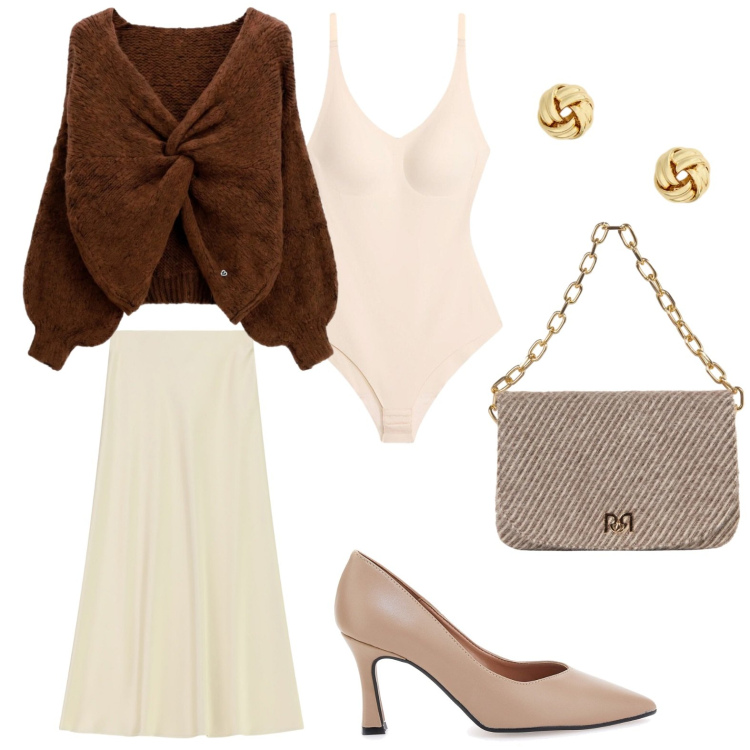 Outfit donna - Mix and match ad ottobre. Stile Casual per Serata fuori. Abbinamento con gonne lunghe, orecchini, maglieria, borse a spalla, décolleté, body.