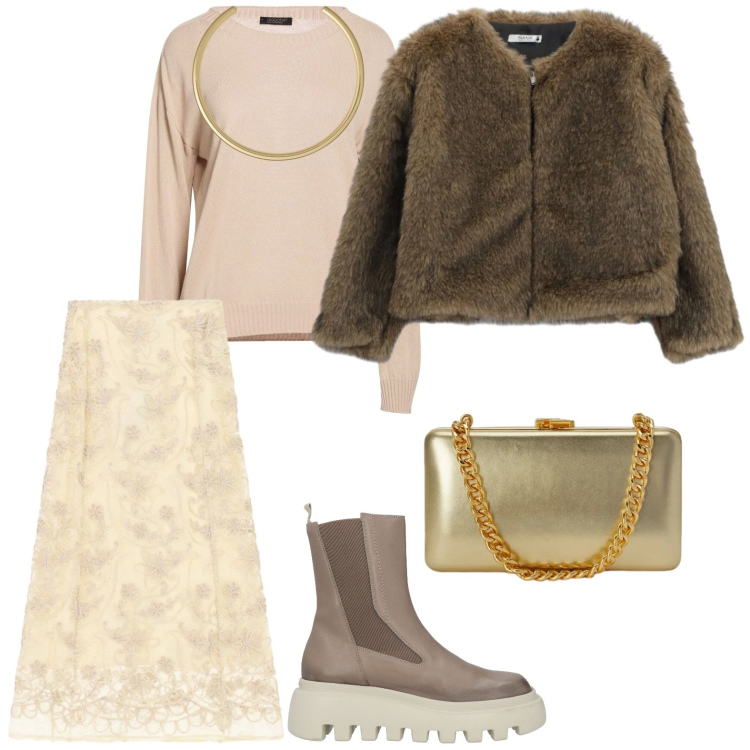 Outfit donna - Mix and match ad ottobre. Stile Casual per Serata fuori. Abbinamento con gonne longuette, clutch, collane, blazer, stivaletti, pullovers.