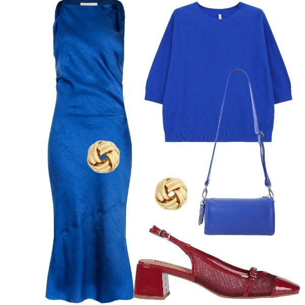 Outfit donna - Raso e angora. Stile Chic per Cerimonia. Abbinamento con borse a tracolla, maglieria, orecchini, vestiti asimmetrici, décolleté.