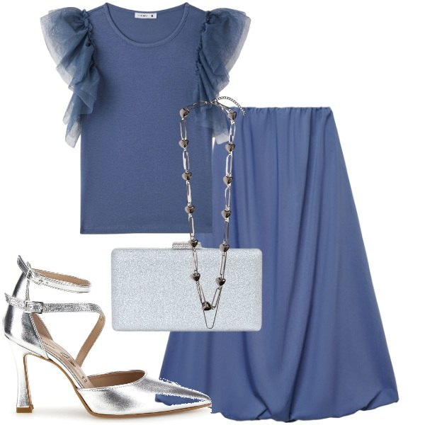 Outfit donna - Terranova per una cena di lavoro. Stile Chic per Serata fuori. Abbinamento con collane, clutch, t-shirt, gonne lunghe, décolleté.