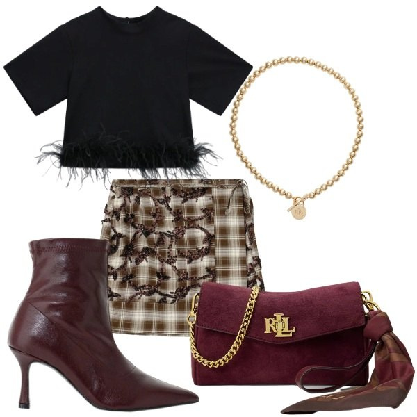 Outfit donna - autunno con stile. Stile Glamour per Tutti i giorni. Abbinamento con minigonne, t-shirt, stivaletti, borse a tracolla, collane.
