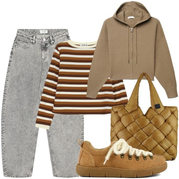 Outfit donna - In relax nel fogliage. Stile Urban per Tutti i giorni. Abbinamento con t-shirt, borse tote, felpe con cappuccio, jeans, sneakers.