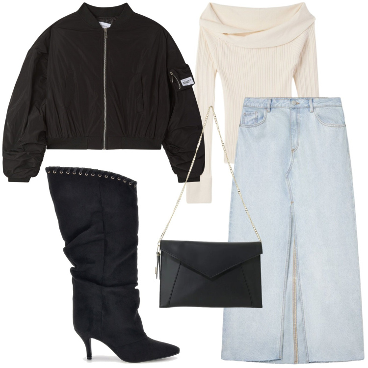 Outfit donna - Casual edgy. Stile Casual per Serata fuori. Abbinamento con borse a tracolla, gonne lunghe, maglieria, bomber, stivali sopra il ginocchio.