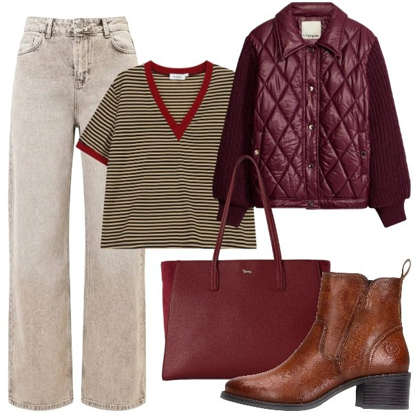 Outfit donna - Relax tra i filari. Stile Urban per Tutti i giorni. Abbinamento con shopping bag, t-shirt, jeans dritti, bomber, stivaletti.