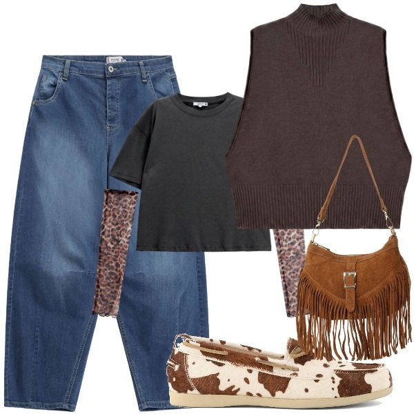 Outfit donna - Roarrrr. Stile Urban per Tutti i giorni. Abbinamento con gilet, borse a spalla, jeans, t-shirt, mocassini.