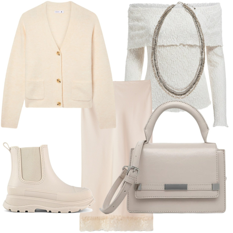Outfit donna - Outfit rilassato. Stile Glamour per Tutti i giorni. Abbinamento con collane, bluse, gonne longuette, cardigans, borse a tracolla, stivali.