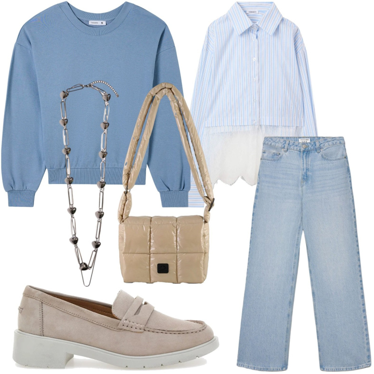 Outfit donna - Casual cozy. Stile Casual per Tutti i giorni. Abbinamento con collane, borse a spalla, jeans, felpe, camicie, mocassini.
