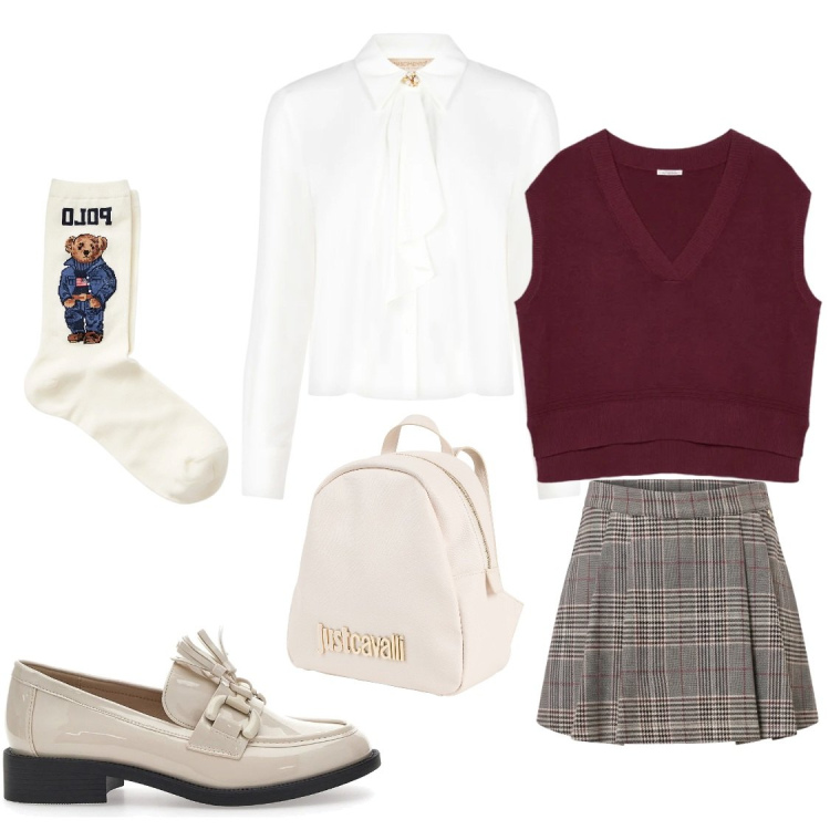 Outfit donna - Stile preppy autunnale. Stile Preppy per Tutti i giorni. Abbinamento con maglieria, calzini, gonne, camicie, zaini, mocassini.