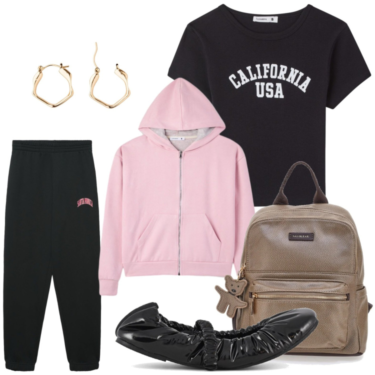 Outfit donna - Ballerine noir. Stile Casual per Tutti i giorni. Abbinamento con pantaloni, felpe con cappuccio, t-shirt, ballerine, orecchini, zaini.