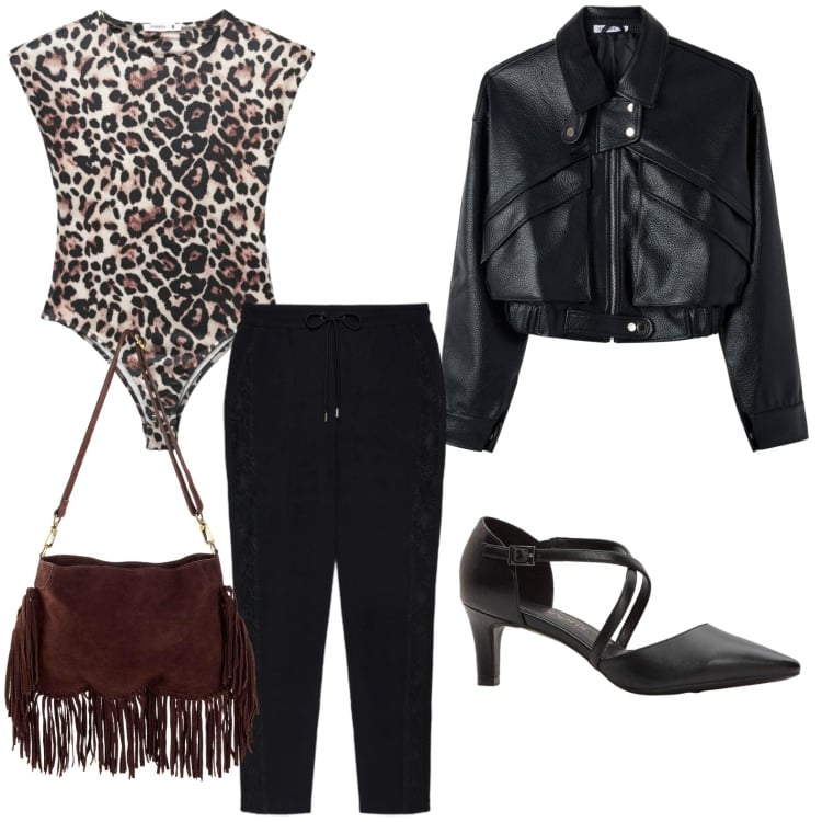 Outfit donna - Body animalier. Stile Casual per Serata fuori. Abbinamento con pantaloni, top, bomber, borse a tracolla, décolleté.