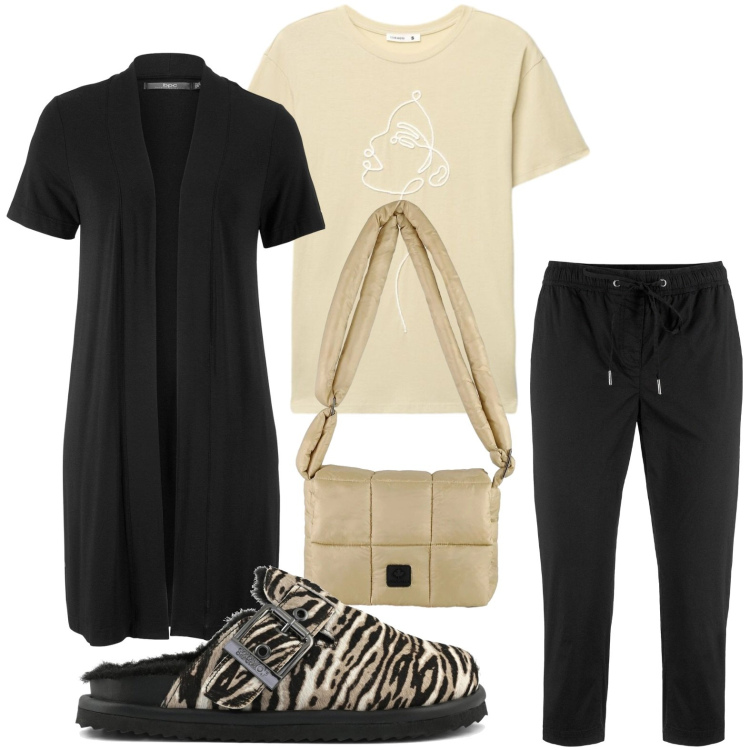 Outfit donna - Sabot tigrate. Stile Casual per Tutti i giorni. Abbinamento con borse a spalla, t-shirt, cardigans, sabot, pantaloni capri.