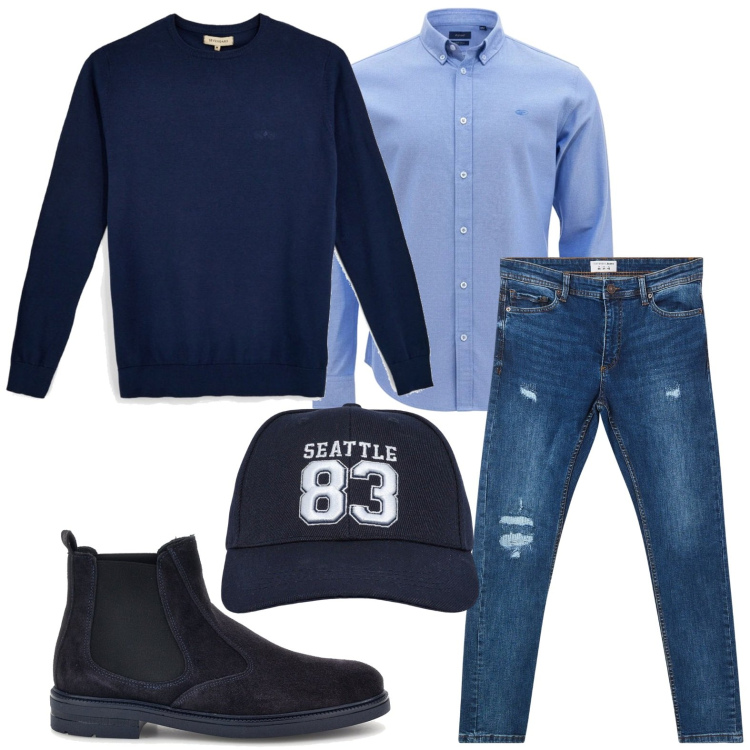 Outfit uomo - Blu sportivo. Stile Casual per Tutti i giorni. Abbinamento con jeans strappati, cappelli con visiera, camicie, maglieria, stivali e stivaletti.