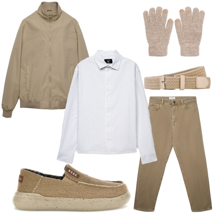 Outfit uomo - Toni chiari. Stile Casual per Tutti i giorni. Abbinamento con jeans, bomber, camicie, guanti, scarpe stringate, cinture.