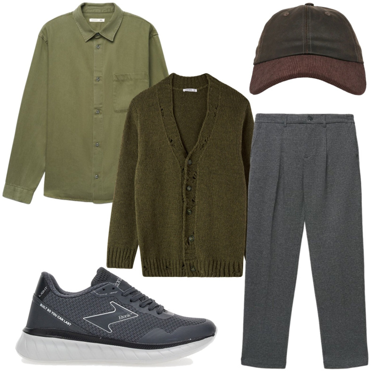 Outfit uomo - Color bosco. Stile Casual per Tutti i giorni. Abbinamento con cardigans, camicie, pantaloni chino, cappelli con visiera, sneakers.