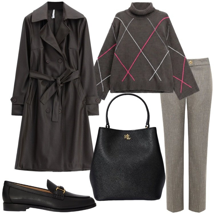 Outfit donna - Trench oversize. Stile Mannish per Ufficio. Abbinamento con trench, pullovers, borse a secchiello, mocassini, pantaloni.