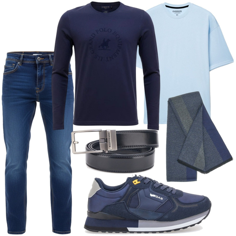 Outfit uomo - Total blue. Stile Casual per Tutti i giorni. Abbinamento con t-shirt, sciarpe, sneakers, cinture, maglieria, jeans.