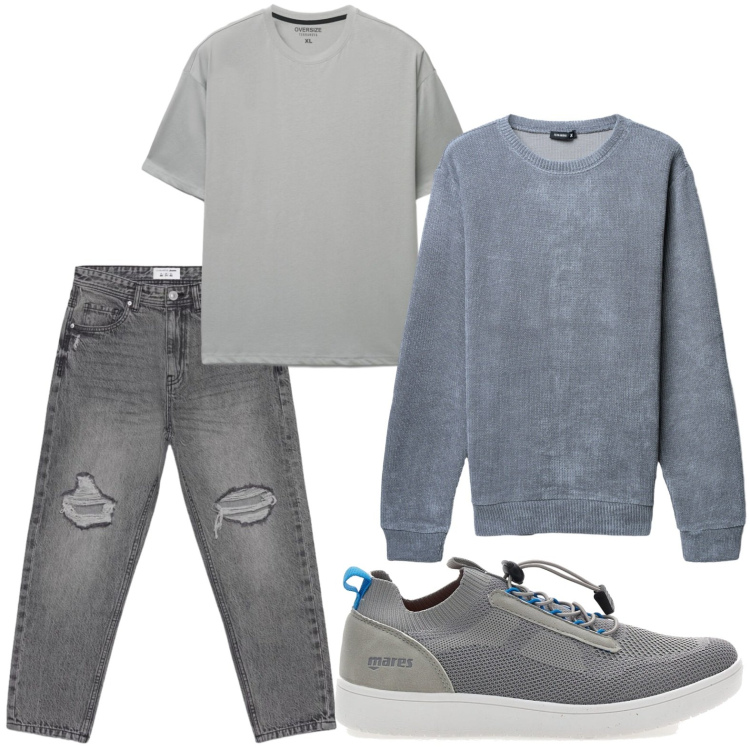 Outfit uomo - Rugged vibes. Stile Casual per Tutti i giorni. Abbinamento con maglieria, jeans strappati, t-shirt, sneakers.