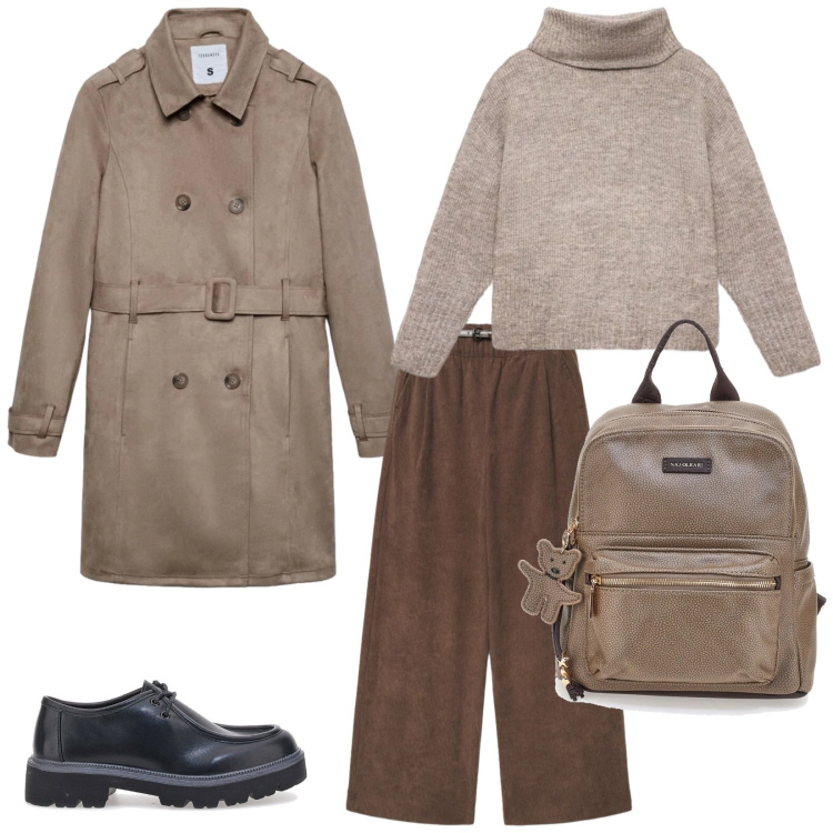 Outfit donna - Oversize. per Tutti i giorni. Abbinamento con trench, pantaloni, pullovers, scarpe stringate, zaini.