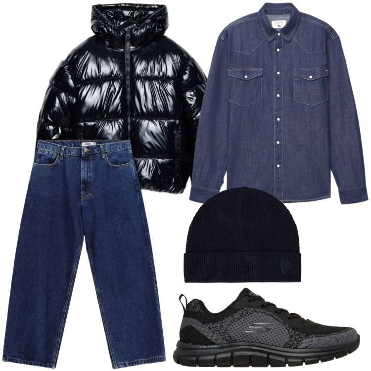 Outfit uomo - Denim lovers. Stile Casual per Tutti i giorni. Abbinamento con berretti, jeans, camicie, piumini, sneakers.