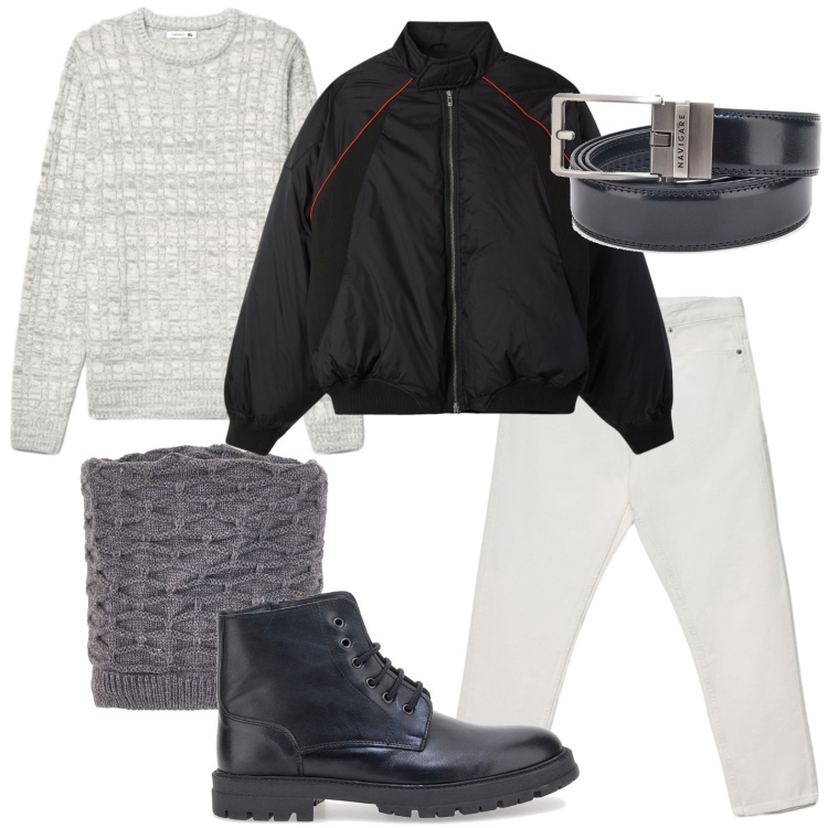 Outfit uomo - Autunno glam. Stile Casual per Tutti i giorni. Abbinamento con bomber, maglieria, jeans, cinture, anfibi, berretti.
