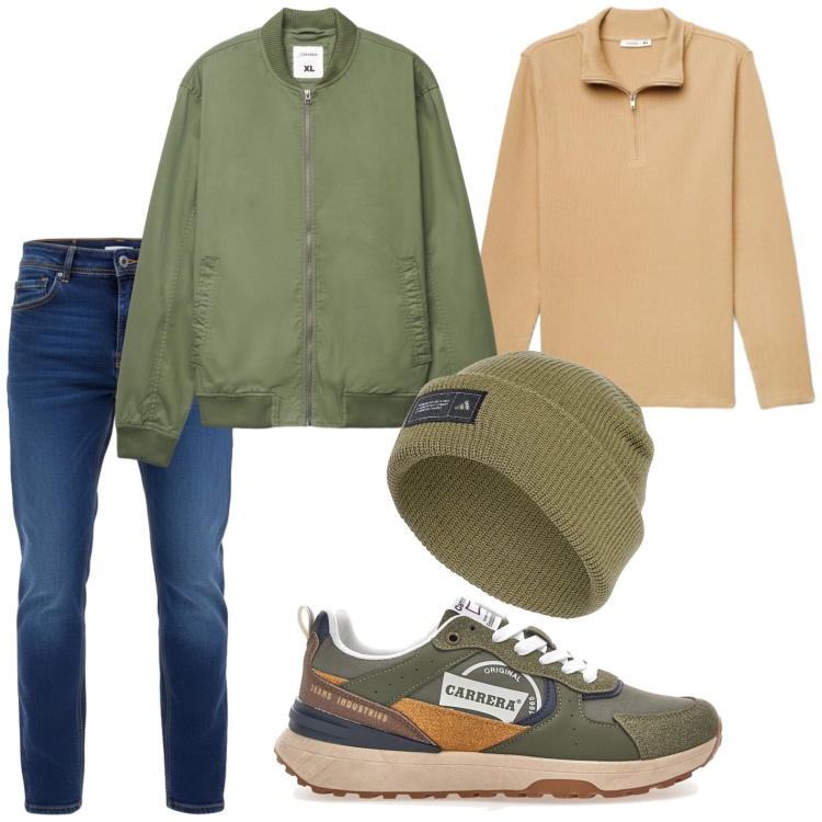 Outfit uomo - Sportivo comodo. Stile Casual per Tutti i giorni. Abbinamento con bomber, felpe, sneakers, berretti, jeans.