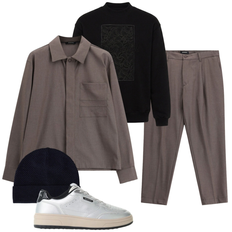 Outfit uomo - Minimalismo Grafite per il tempo libero. Stile Trendy per Tutti i giorni. Abbinamento con berretti, pantaloni, cappotti, sneakers, felpe.