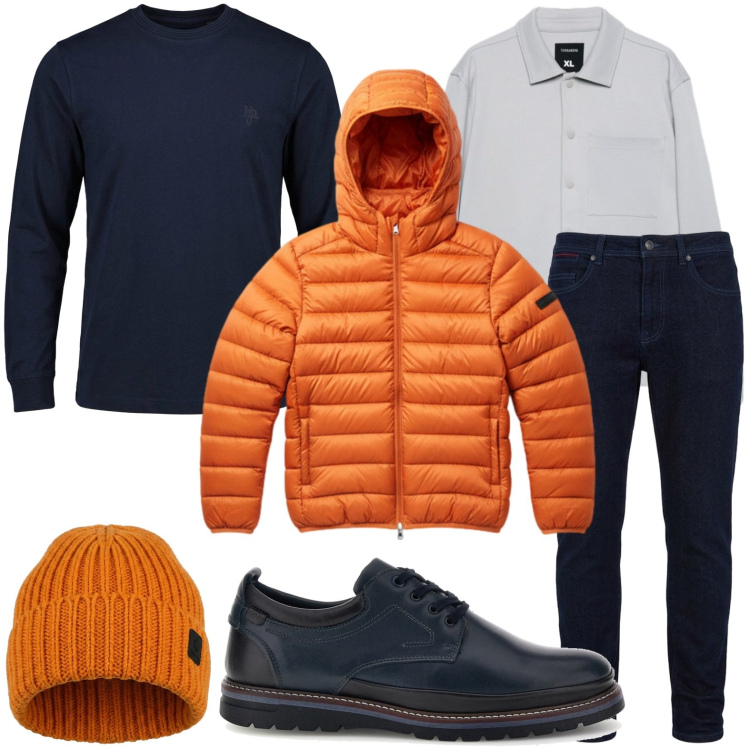 Outfit uomo - Piumino vivace. Stile Casual per Tutti i giorni. Abbinamento con t-shirt, jeans slim fit, berretti, bomber, camicie, scarpe stringate.