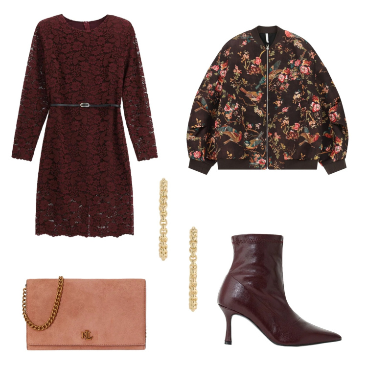 Outfit donna - Red wine. per Serata fuori. Abbinamento con stivaletti, vestiti midi/longuette, bomber, borse a tracolla, orecchini.
