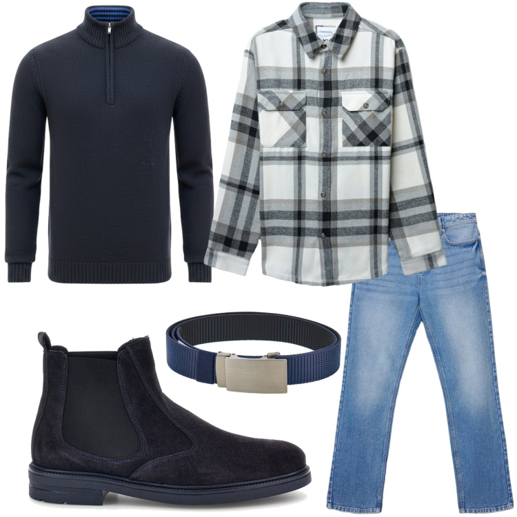 Outfit uomo - Casual. Stile Casual per Tutti i giorni. Abbinamento con cappotti, jeans dritti, cinture, pullovers, stivali e stivaletti.