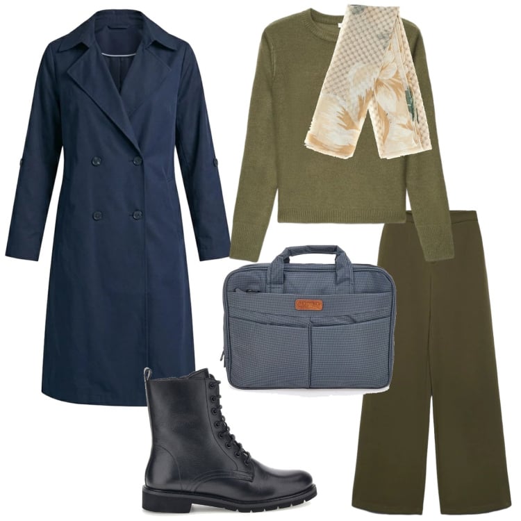 Outfit donna - A scuola. per Scuola/Università. Abbinamento con trench, pantaloni a palazzo, maglieria, borse porta computer, foulard, anfibi.