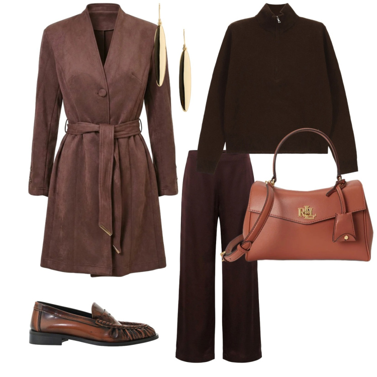 Outfit donna - Oversize. per Tutti i giorni. Abbinamento con mocassini, pantaloni a palazzo, borse a mano, orecchini, trench, pullovers.