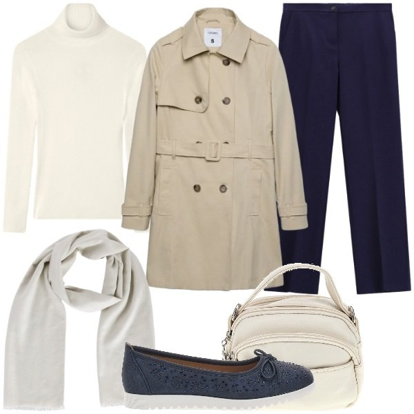 Outfit donna - Trench oversize. Stile Glamour per Tutti i giorni. Abbinamento con pantaloni, trench, maglieria, foulard, ballerine, borse a tracolla.
