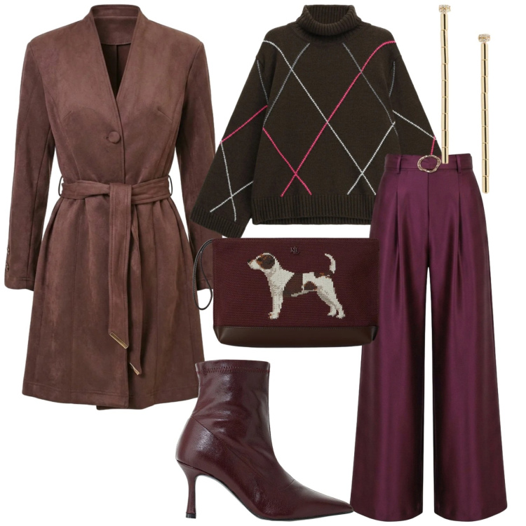 Outfit donna - Oversize. per Serata fuori. Abbinamento con stivaletti, pullovers, orecchini, pochette, pantaloni a palazzo, trench.