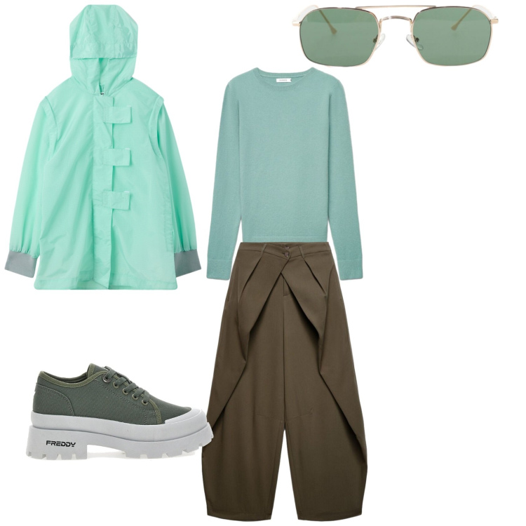 Outfit donna - Trench. Stile Basic per Scuola/Università. Abbinamento con pantaloni, maglieria, trench, occhiali da sole, sneakers alte.