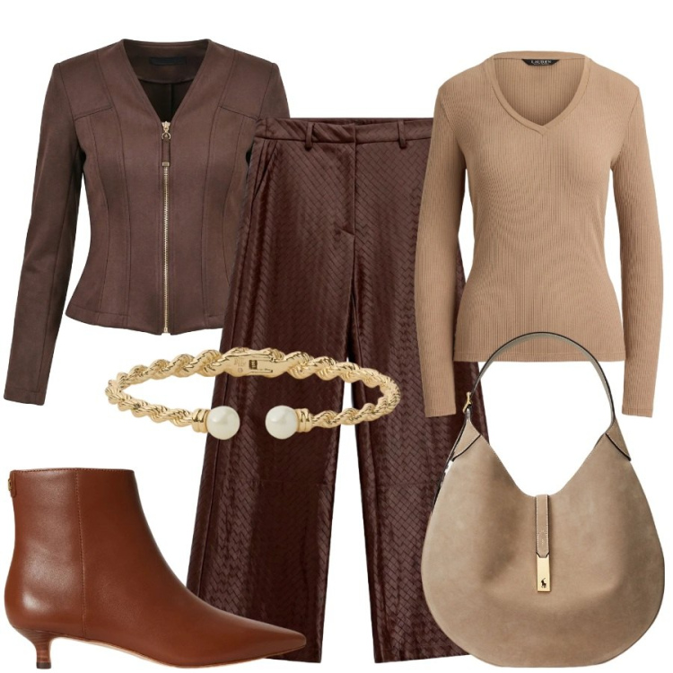Outfit donna - Total look #2488305. Stile Sporty chic per Tutti i giorni. Abbinamento con pantaloni a palazzo, borse a spalla, stivaletti, braccialetti, maglieria, blazer.